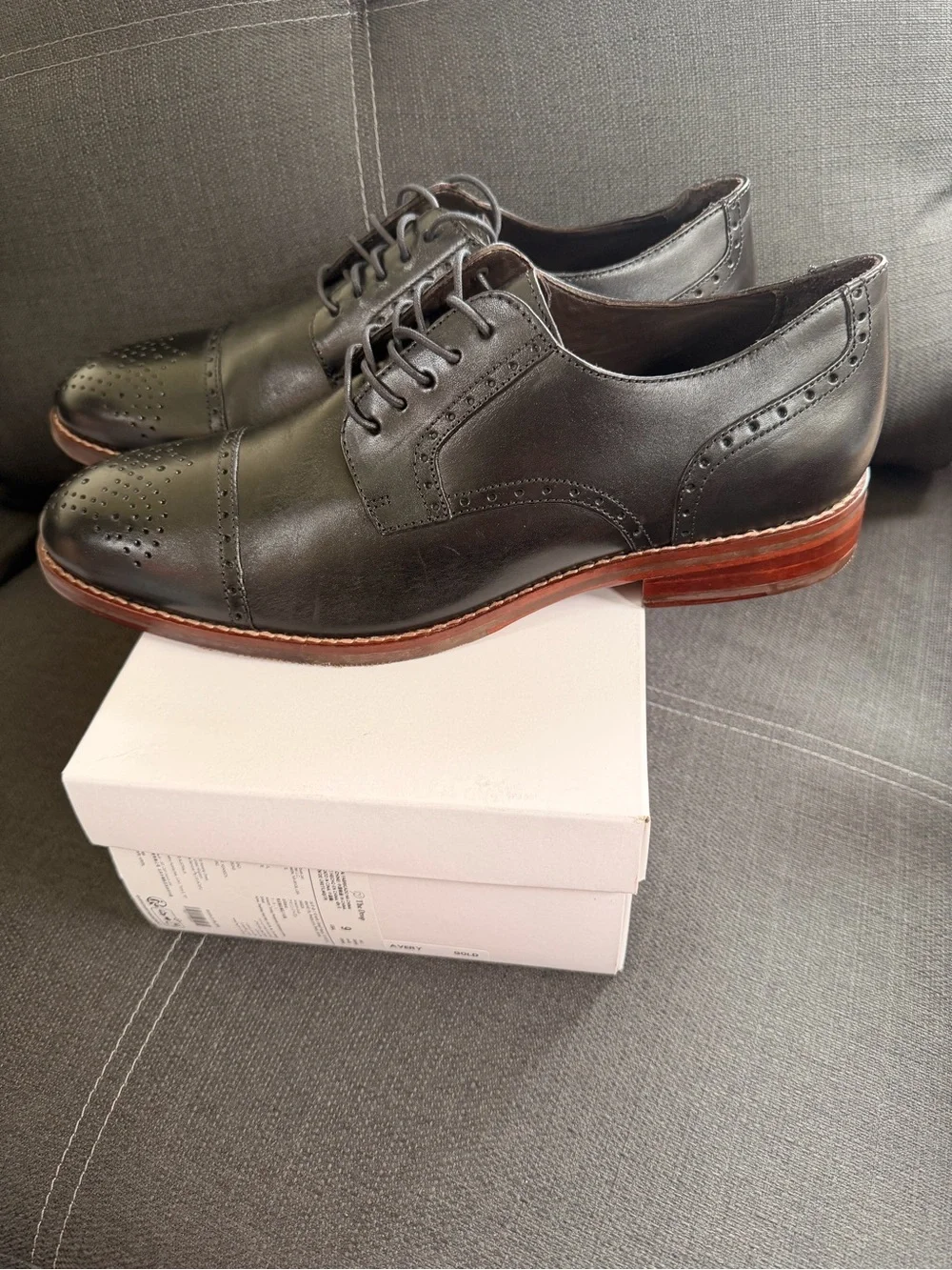 Johnston & Murphy Black Leather Cap-Toe Derby with Brown Stacked Heel